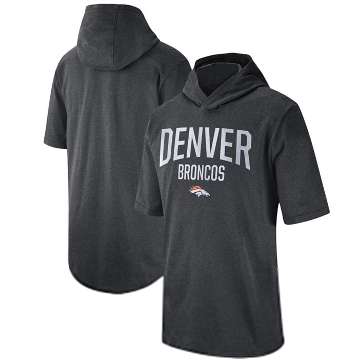 Men's Denver Broncos Heathered Charcoal Sideline Training Hooded Performance T-Shirt